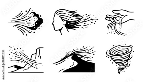 Bild auf Leinwand Wind Icons Set, Air Flow and Weather Elements, Nature Force Vector Graphics