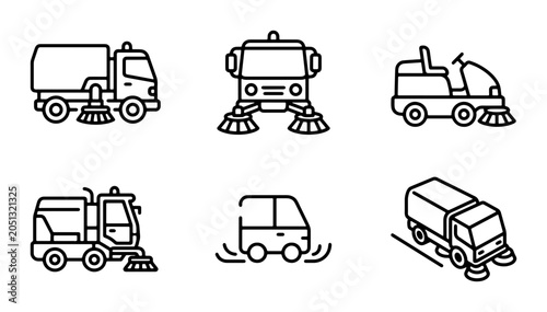 Canvastavla Street Sweeper Truck Icons, Urban Cleaning Vehicle Set, Municipal Service Machin