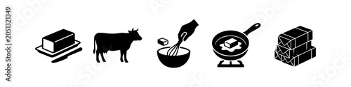 Εκτύπωση καμβά Set of black icons illustrating the production and culinary uses of butter, featuring a cow, a whisking bowl, a frying pan, and butter sticks