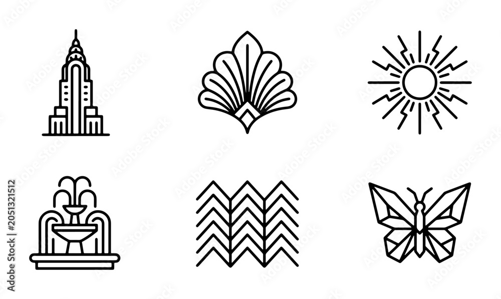 Fototapeta premium Art Deco Icons Set: Chrysler Building, Fountain, Sun, Butterfly, Geometric Patterns, Vector Graphics