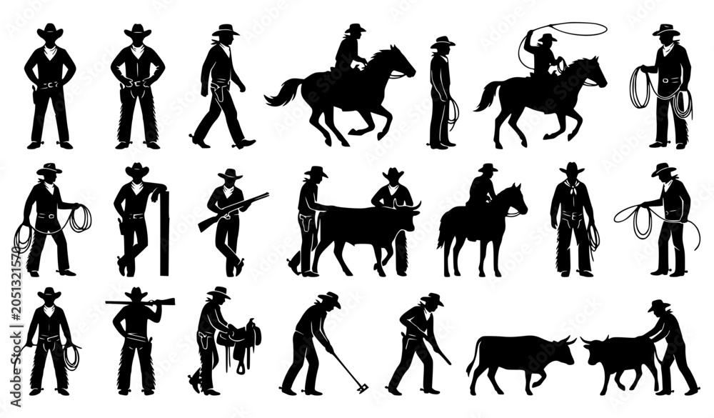 Fototapeta premium Monochrome cowboy silhouette collection with western frontier symbols