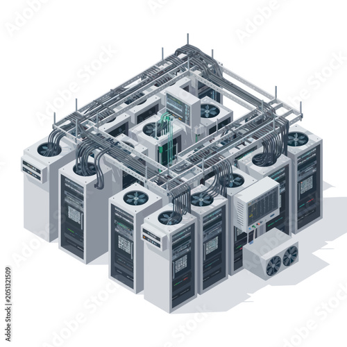 Modern Data Center Cooling System with Server Racks and Fans.