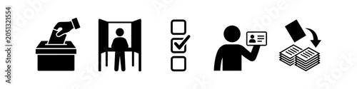 Billede på lærred Professional set of voting and election process icons in flat black silhouette style, featuring ballot box, voting booth, checkmark list, identification card, and paper counting symbols