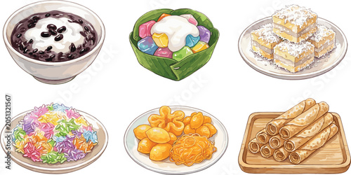 Bild auf Leinwand Watercolor Illustration of a delightful collection of traditional Asian desserts