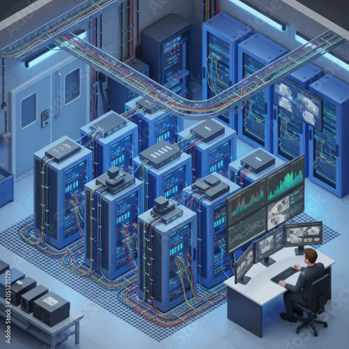 IT professional managing server racks in a modern data center.