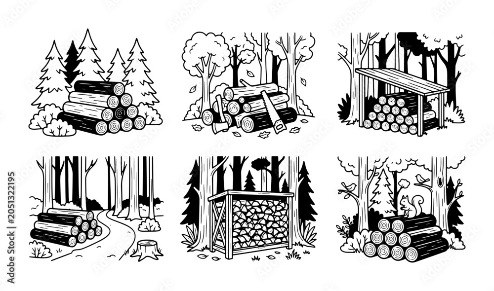 Fototapeta premium Forest Woodpile Vector Illustrations: Stacked Logs, Timber Storage, Nature Scenes