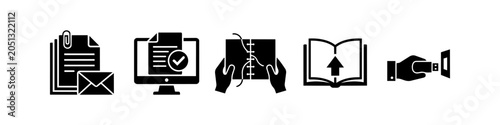 Foto Vector icon set illustrating document lifecycle: paper filing, digital verification, book binding, online publishing, and USB data transfer