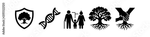 Photography Set of five black icons representing concepts of heritage, family growth, DNA genetics, environmental protection, and community foundations, isolated on a white background