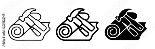 Fotografía Craftsmanship Icons: Hammer, Chisel, Rolled Material, DIY Tools, Workshop Symbol