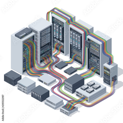 Modern Data Center Server Racks and Network Equipment.