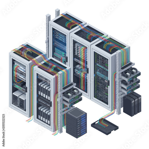 Modern Server Racks and Network Equipment in a Data Center.