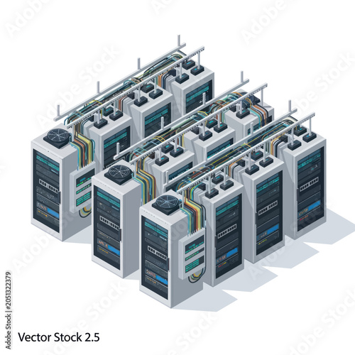 Modern Server Room Racks with Cables and Cooling Systems.