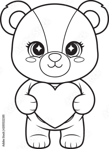 Cute cartoon teddy bear holding heart with big eyes and sweet expression