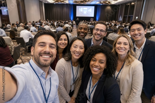 Group of diverse business professionals taking a selfie at a conference.