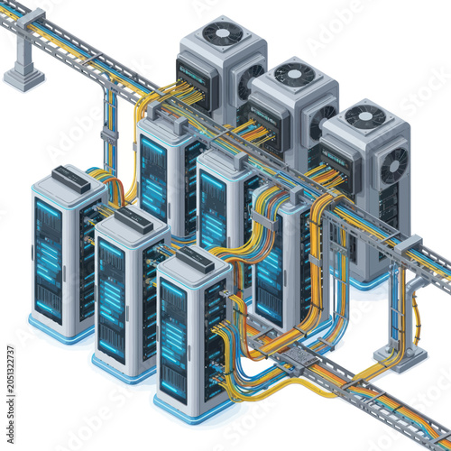 Modern Server Room with Cooling Systems and Cables.