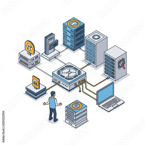 Modern technology network infrastructure with servers and user interaction.