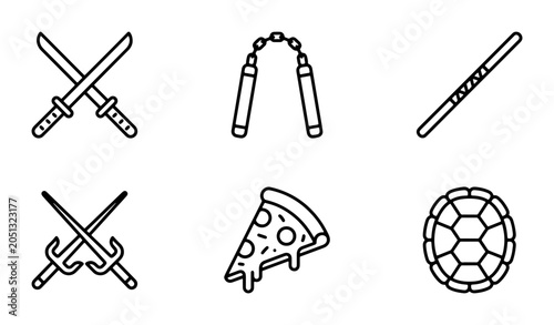 Ninja Weapons, Pizza Slice, Turtle Shell Icons: Martial Arts, Combat, Food, Reptile Vector Set