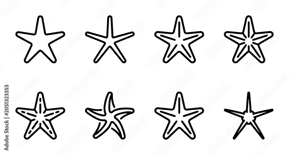 Obraz premium Starfish Icons Set, Marine Life Vector Graphics, Ocean Sea Creatures Outline Collection