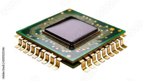 Foto Integrated circuit chip with gold pins and green circuit board