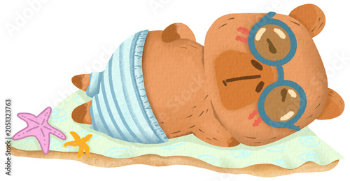 Quadro su tela Relaxed cartoon capybala lying on a beach with sunglasses