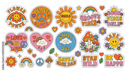 Retro 70s Style Stickers: Groovy Vibes, Peace, Love, Flowers, Rainbows, Mushrooms