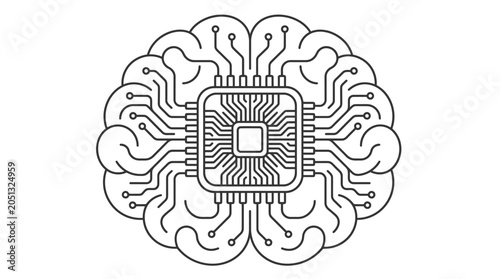 Circular brain pattern centered around a square microprocessor.