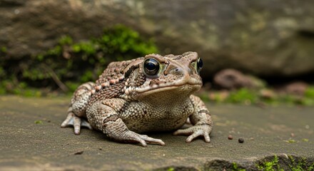 A detailed brown and grey mottled toad sitting on a textured rock surface in its natural habitat