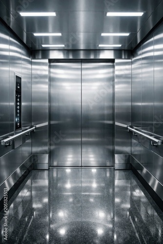 Modern stainless steel hospital elevator interior with reflective surfaces, bright lighting and clean architectural symmetry