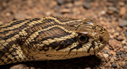 Intricate Scales of a Snake's Head Captured in Close-Up Detail Amidst Natural Earthy Surroundings