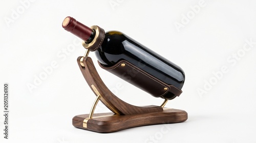 Sleek and modern single-bottle wooden wine holder with brass accents, displaying a bottle of red wine, isolated on a white background.