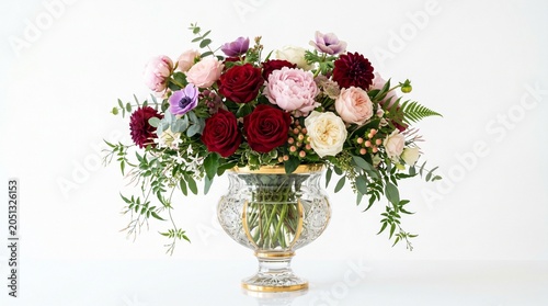 Luxurious floral arrangement featuring red roses, burgundy dahlias, and purple anemones in an ornate gold-rimmed crystal vase, isolated on a white background.
