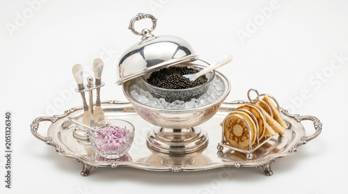 Luxurious caviar service set featuring premium black caviar on ice with blinis and chopped red onion, elegantly presented on an ornate silver tray, isolated on a white background.