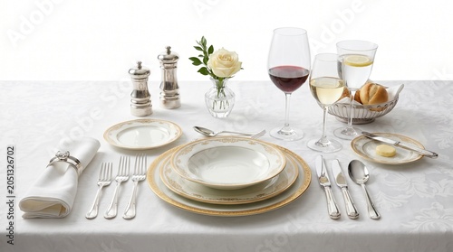 Elegant formal dinner place setting featuring gold-rimmed porcelain plates, silver cutlery, crystal wine glasses, and a delicate white rose centerpiece on a white tablecloth.