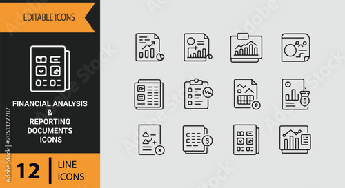 Financial Analysis and Reporting Documents for Corporate Performance Icons