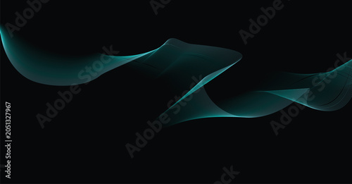 Abstract flowing teal digital particle wave on black background with abstract particle technology