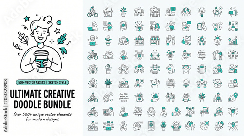 Ultimate creative doodle bundle with cute characters holding coffee cup cycling working on laptop business teamwork corporate communication and marketing vector illustrations