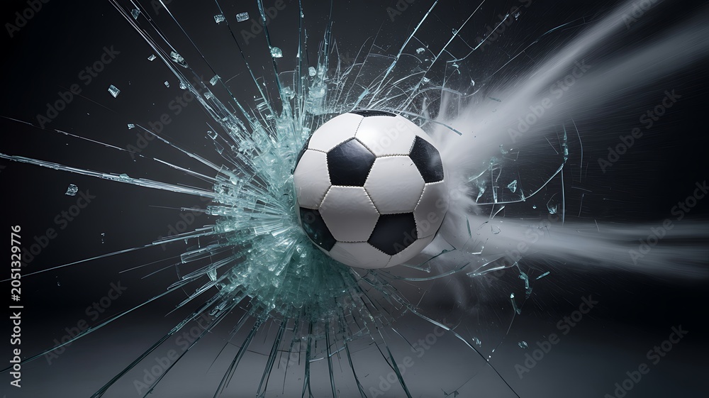 Fototapeta premium Soccer ball crashing through a shattered glass window with explosive effect
