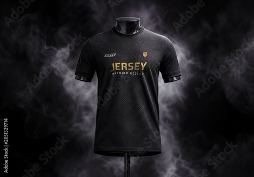 Black and Gold Soccer Jersey Mockup with Smoke Background