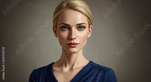 Blonde woman in blue top.