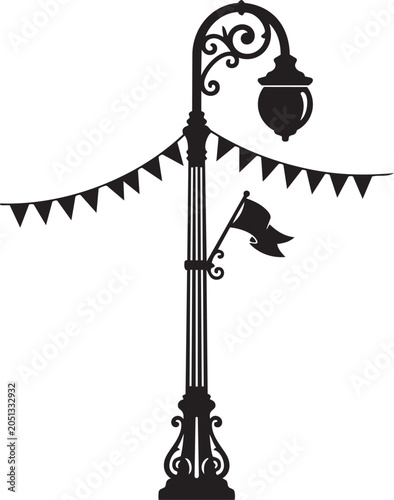 Black vintage street lamp with decorative flags and lantern isolated on transparent background, Vector