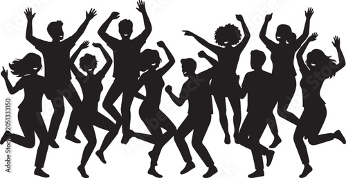 Group of people dancing and celebrating together joyfully isolated on transparent background, Vector