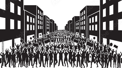Large crowd of people marching down urban street between buildings isolated on transparent background, Vector