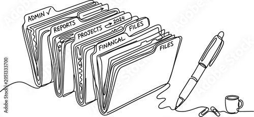 Continuous line drawing of office filing folders with a pen and coffee cup.