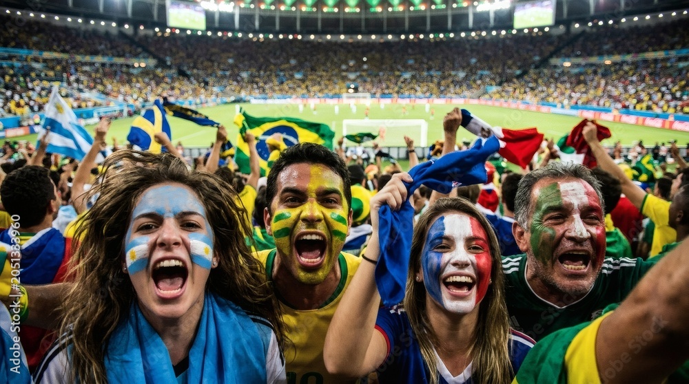 Fototapeta premium Enthusiastic soccer fans with painted faces cheering at a stadium