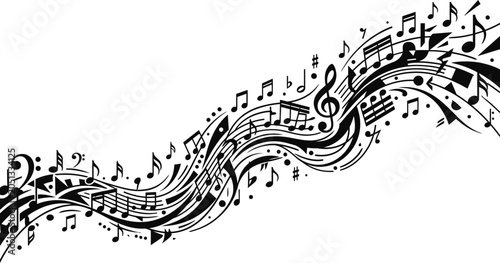 Abstract flowing musical staff with various musical notes.