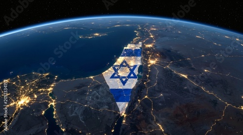 Israel flag superimposed on a nighttime satellite view of the country