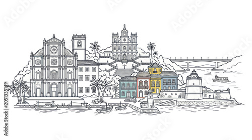 Schilderij op canvas Hand-drawn Goa Cityscape with Churches, Houses, and Lighthouse