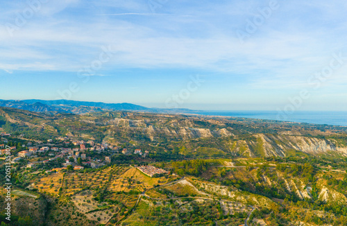 Aerial of the relaxing rural hills of Calabria in Italy