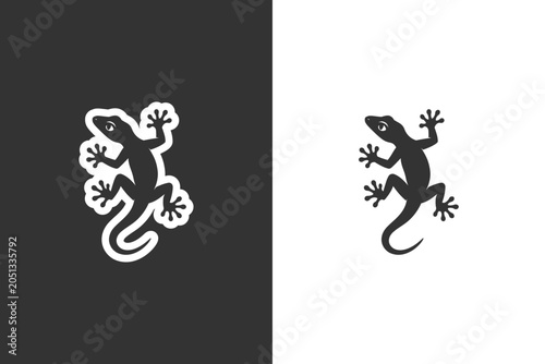 Foto A minimalist silhouette of a gecko lizard clinging to a surface, presented in tw