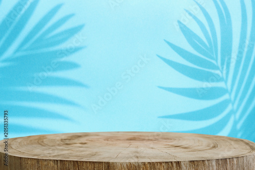 background with leaves and empty wooden table